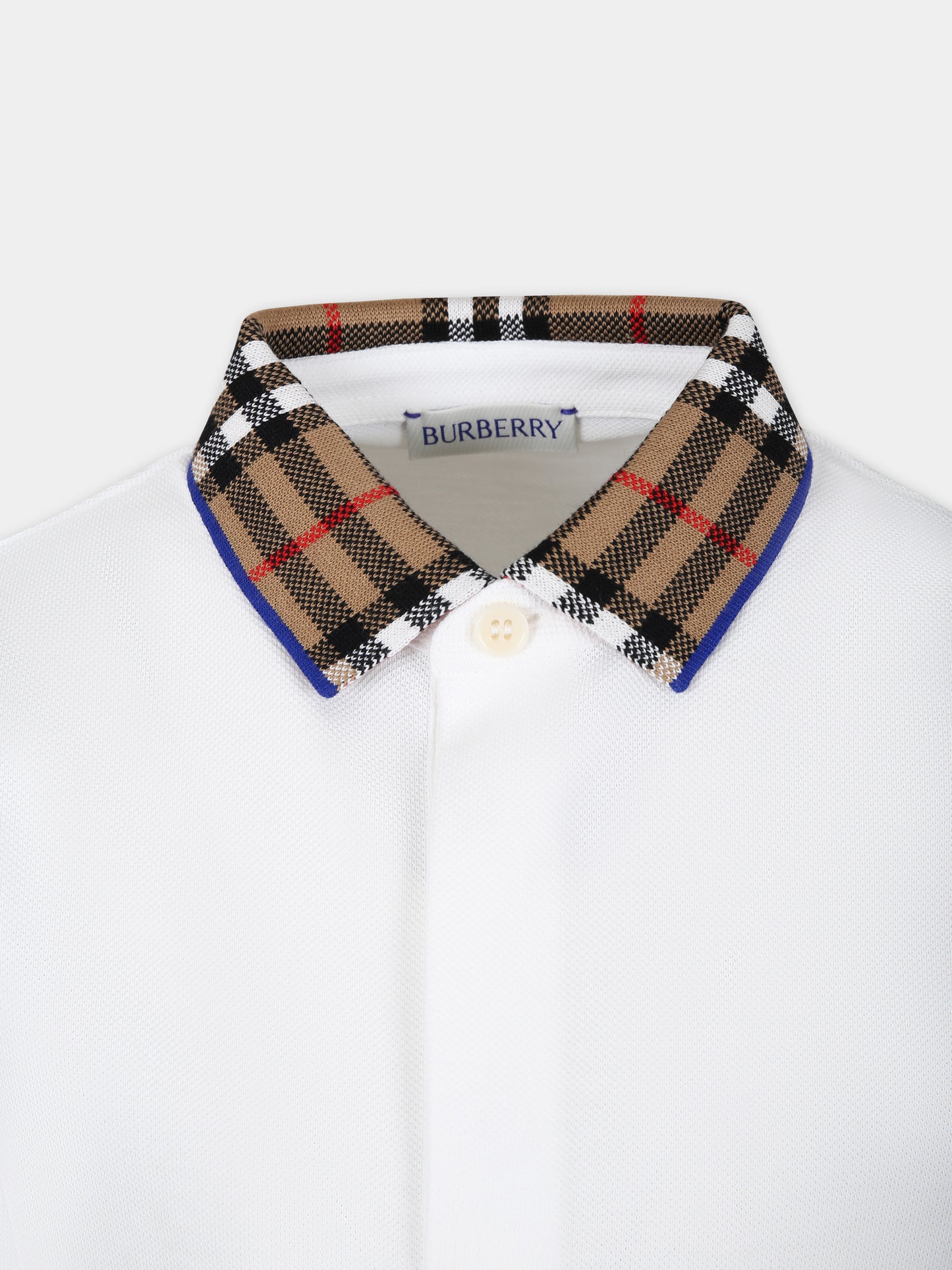 Polo bianca per bambino con check vintage sul colletto,Burberry Kids,8073160 A1464
