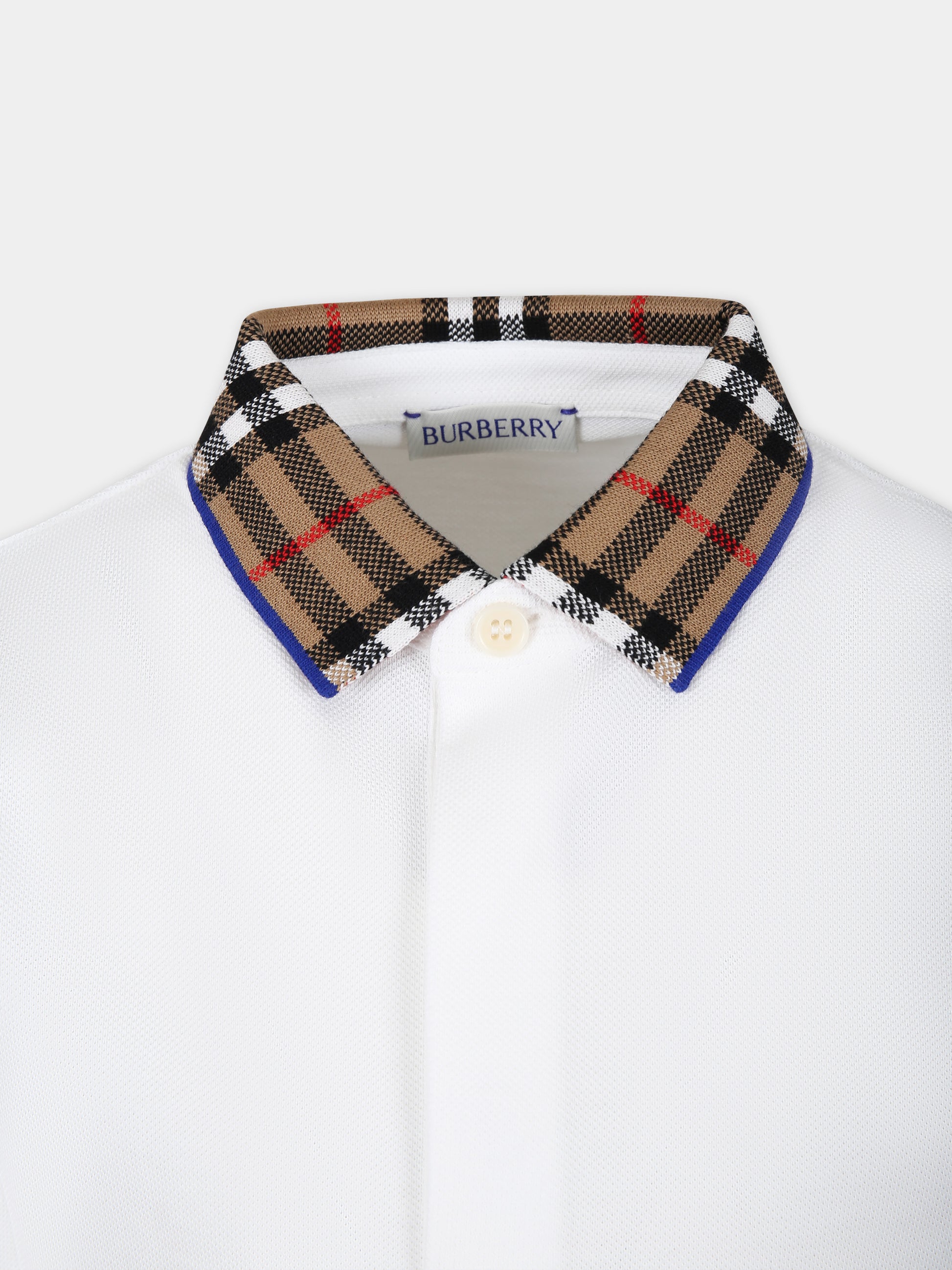 Polo bianca per bambino con check vintage sul colletto,Burberry Kids,8073160 A1464