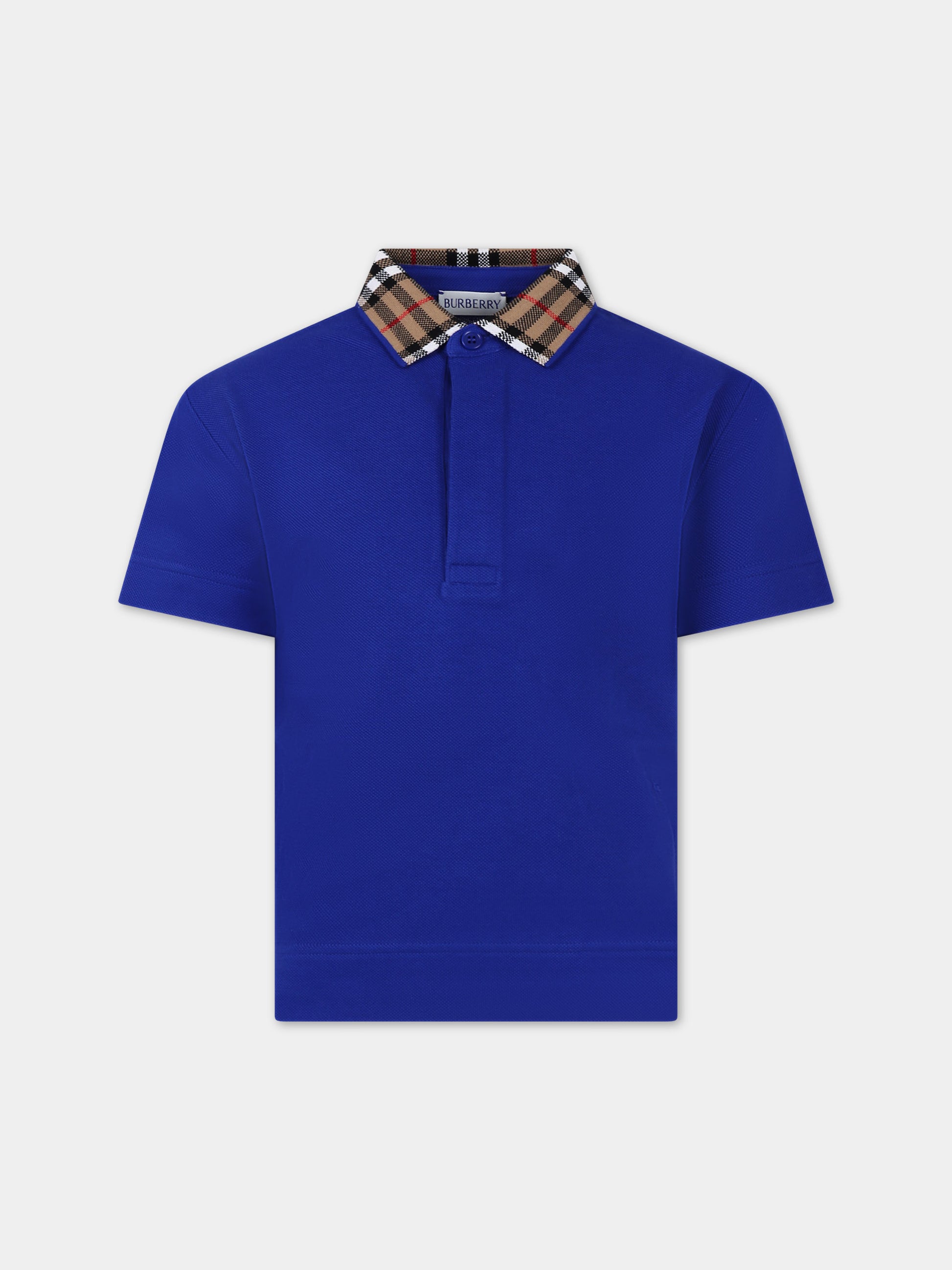 Polo azzurra per bambino con check vintage sul colletto,Burberry Kids,8078570 B7320