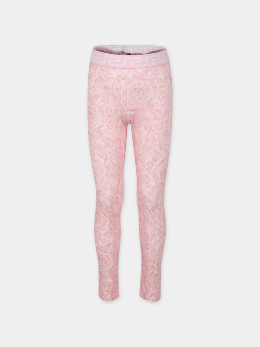 Leggings rosa per bambina con stampa barocco all-over,Versace,1000364 1A10099 5P950
