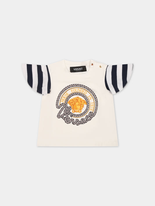 T-shirt bianca per neonata con stampa ancora,Versace,1014029 1A09973 6WC00