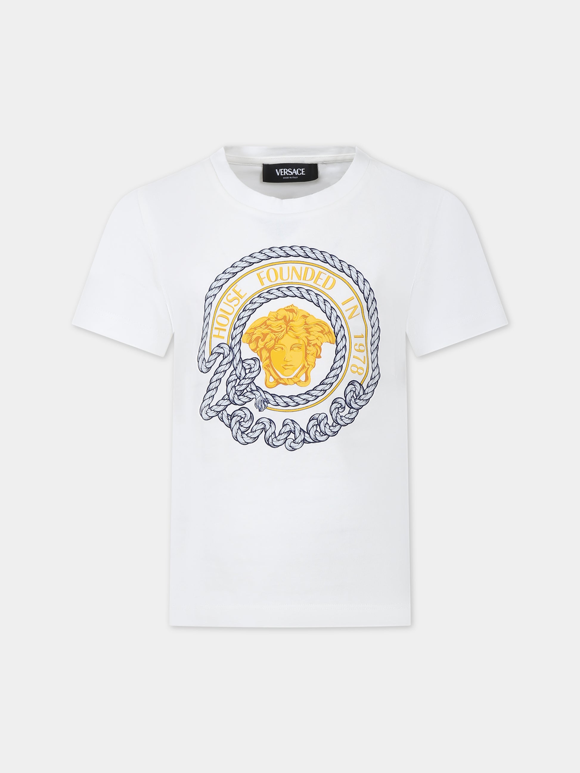 T-shirt bianca per bambino con stampa ancora,Versace,1000129 1A09841 2W070