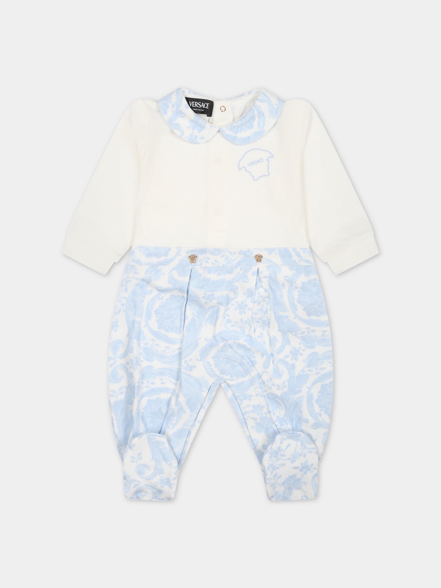 Tutina celeste per neonato con stampa barocco,Versace,1013380 1A09540 2WK10