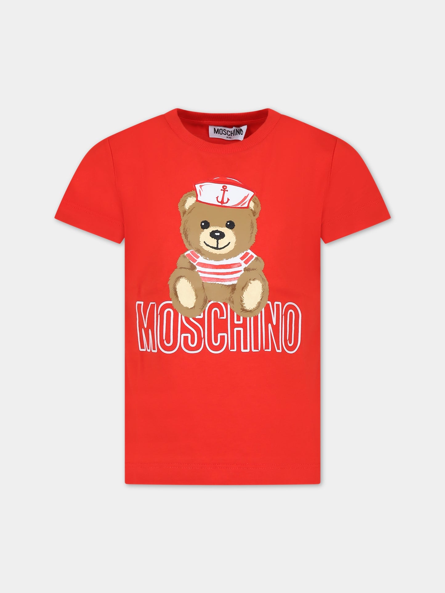 T-shirt rossa per bambini con Teddy Bear marinaio,Moschino Kids,HSM03L LAA02 50109