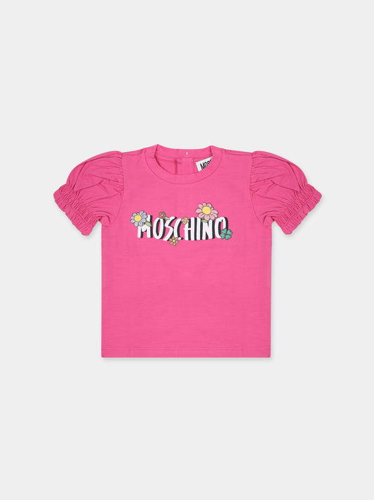 T-shirt fucsia per neonata con logo e fiori,Moschino Kids,MAM031 LBA08 50879