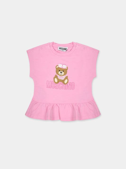 T-shirt rosa per neonata con Teddy Bear e logo,Moschino Kids,MDM037 LBA10 51473