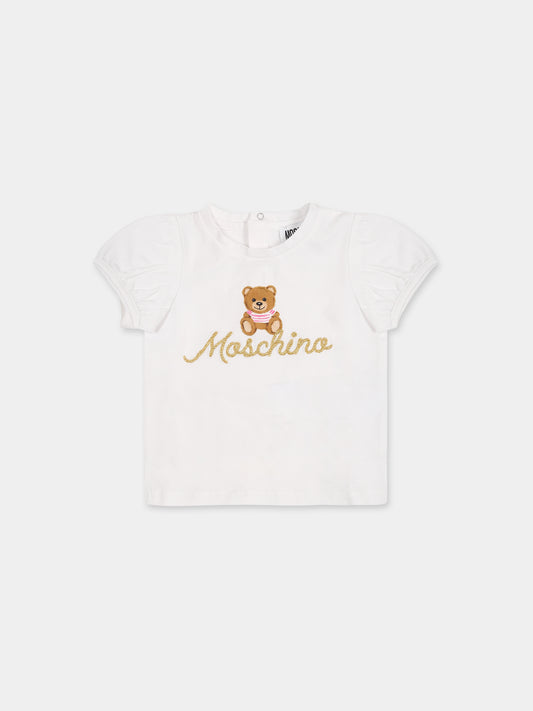 T-shirt bianca per neonata con Teddy Bear e logo,Moschino Kids,MHM02B LBA34 10101