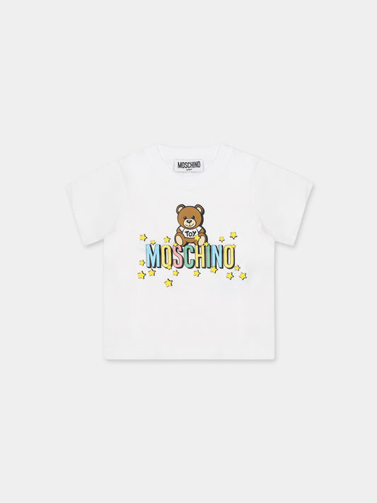 T-shirt bianca per neonati con Teddy bear e logo,Moschino Kids,MMM032 LAA27 10101