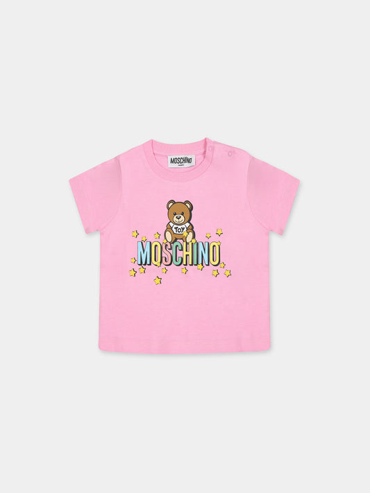 T-shirt rosa per neonata con Teddy Bear e logo,Moschino Kids,MMM032 LAA27 51473