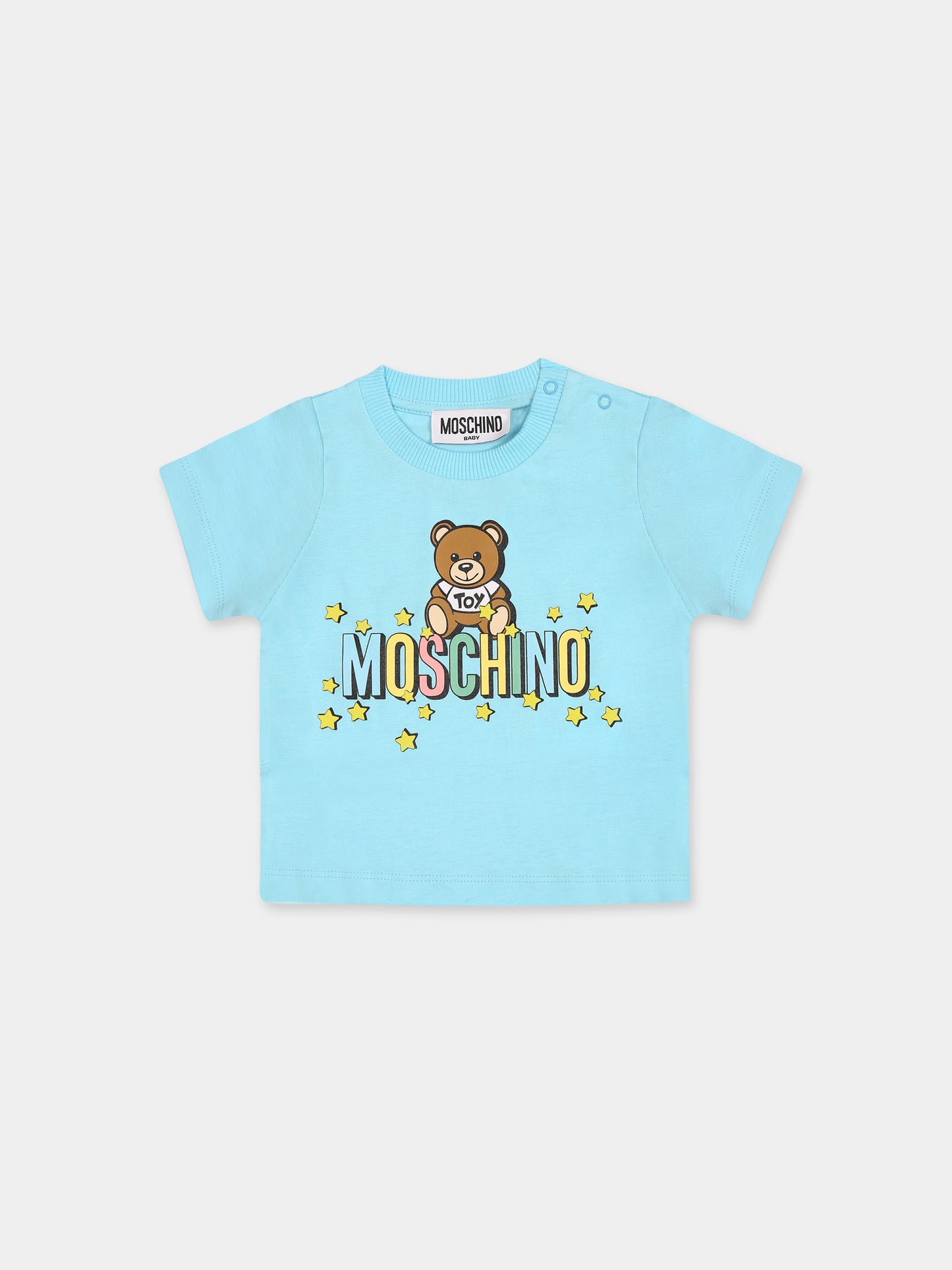 T-shirt celeste per neonato con Teddy Bear e logo,Moschino Kids,MMM032 LAA27 41020