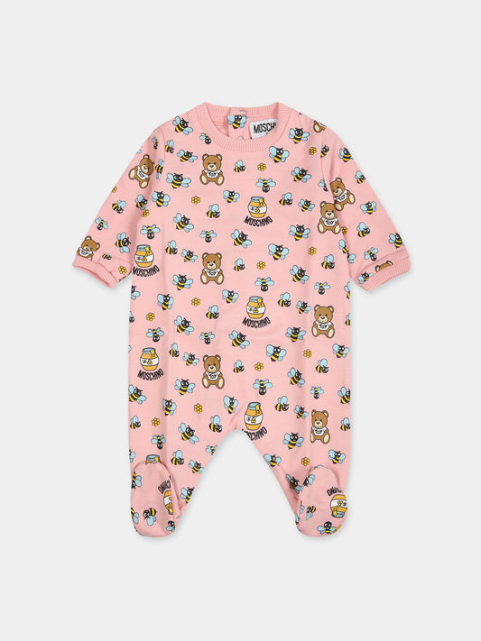 Tutina rosa per neonata con stampa e Teddy Bear,Moschino Kids,MUT039 LCB33 84618