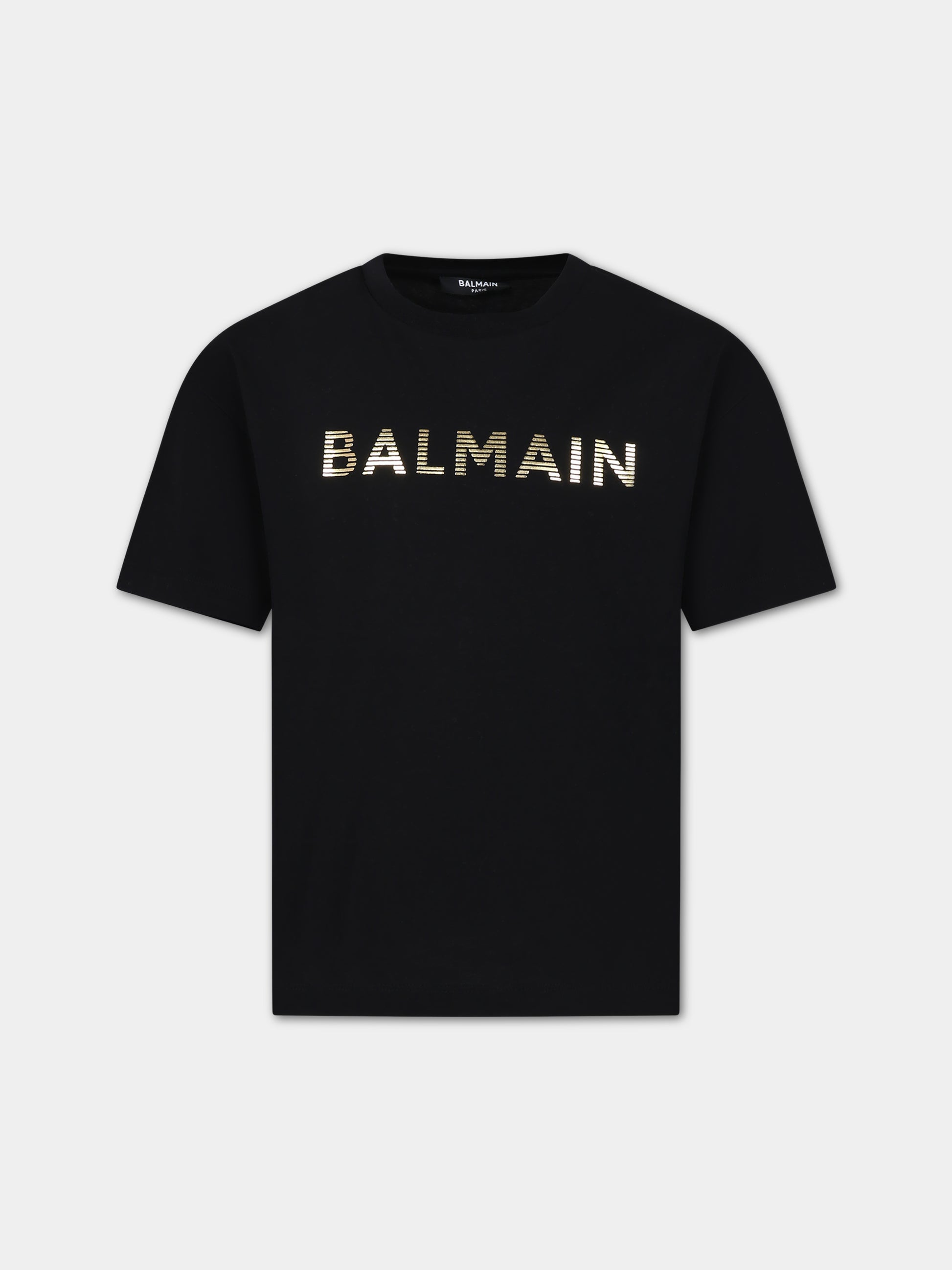 T-shirt nera per bambini con logo dorato,Balmain Kids,BS8P41 Z0082 930OR