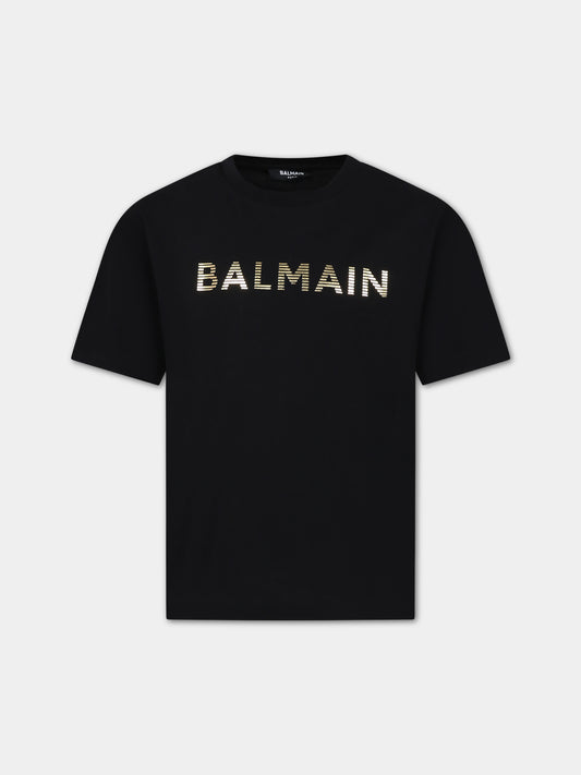 T-shirt nera per bambini con logo dorato,Balmain Kids,BS8P41 Z0082 930OR