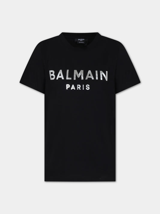 T-shirt nera per bambini con logo,Balmain Kids,BS8R01 Z0082 930AG