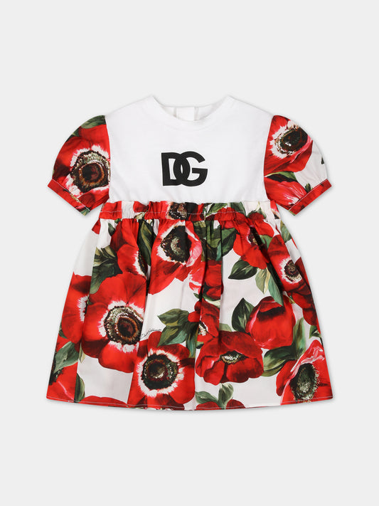 Vestito rosso per neonata con fiore Anemone all-over,Dolce & Gabbana Kids,L2JD6K G7M2E S9000