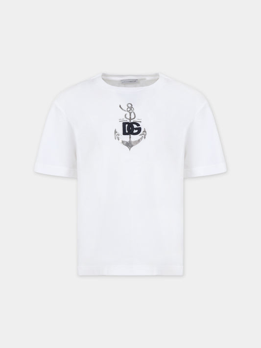 T-shirt bianca per bambino con iconico monogramma,Dolce & Gabbana Kids,L4JTEY G7L0A W0800