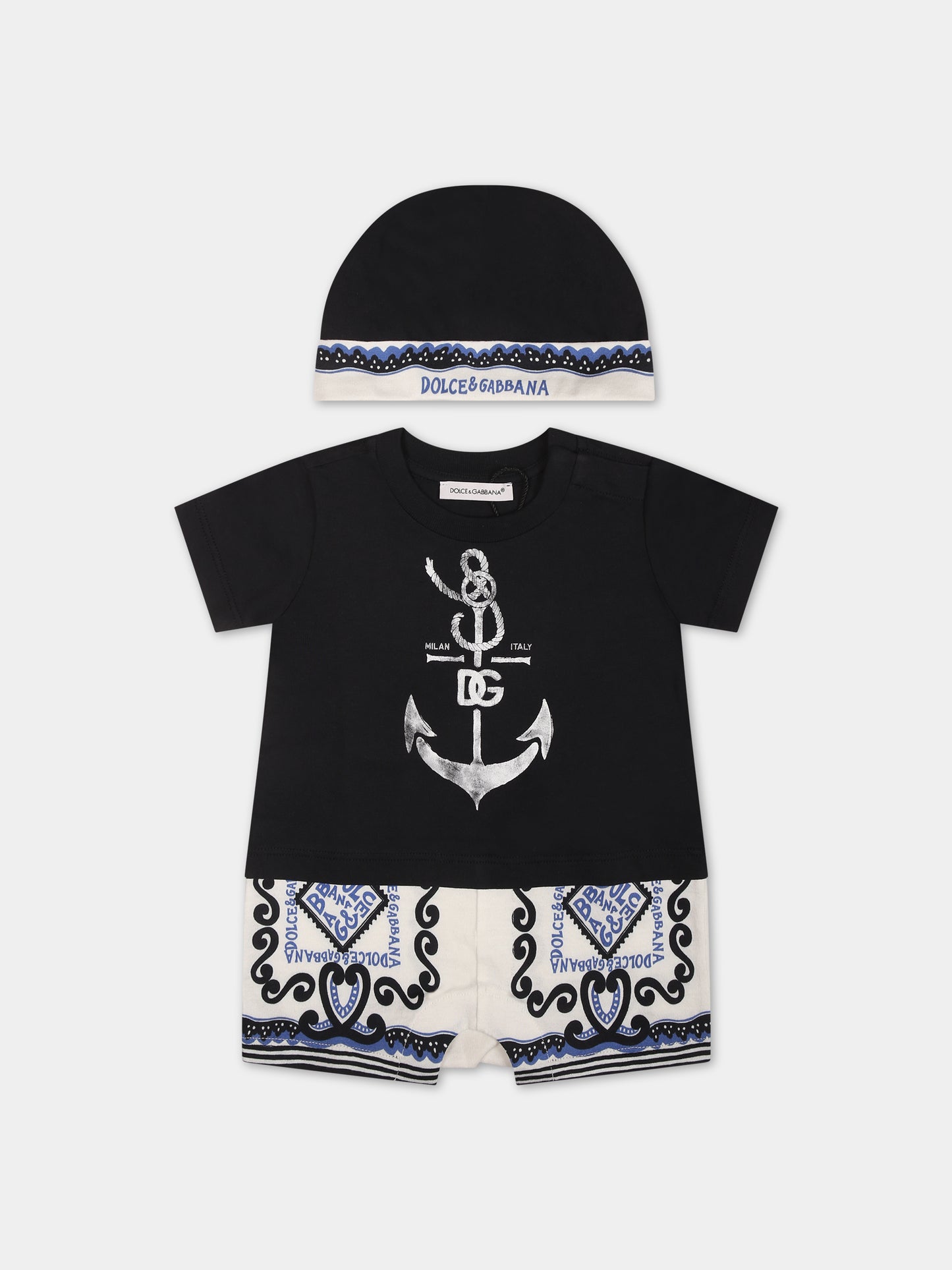 Set blu per neonato con stampa bandana e logo,Dolce & Gabbana Kids,L1JO6T G7M5U S9000