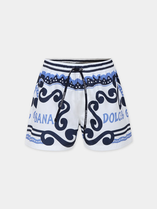 Boxer mare bianco per bambino con stampa bandana e logo,Dolce & Gabbana Kids,L4J845 G7L0N HC4XR