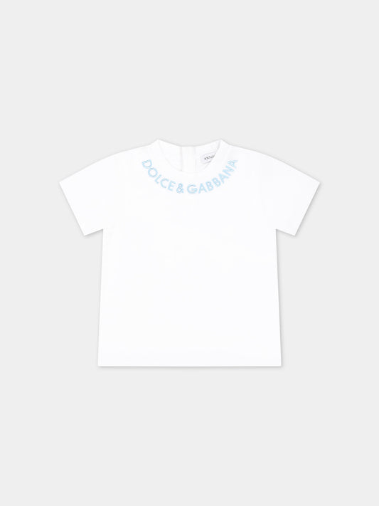 T-shirt bianca per neonati con logo celeste ricamato,Dolce & Gabbana Kids,L1JTHO G7L5J S9000