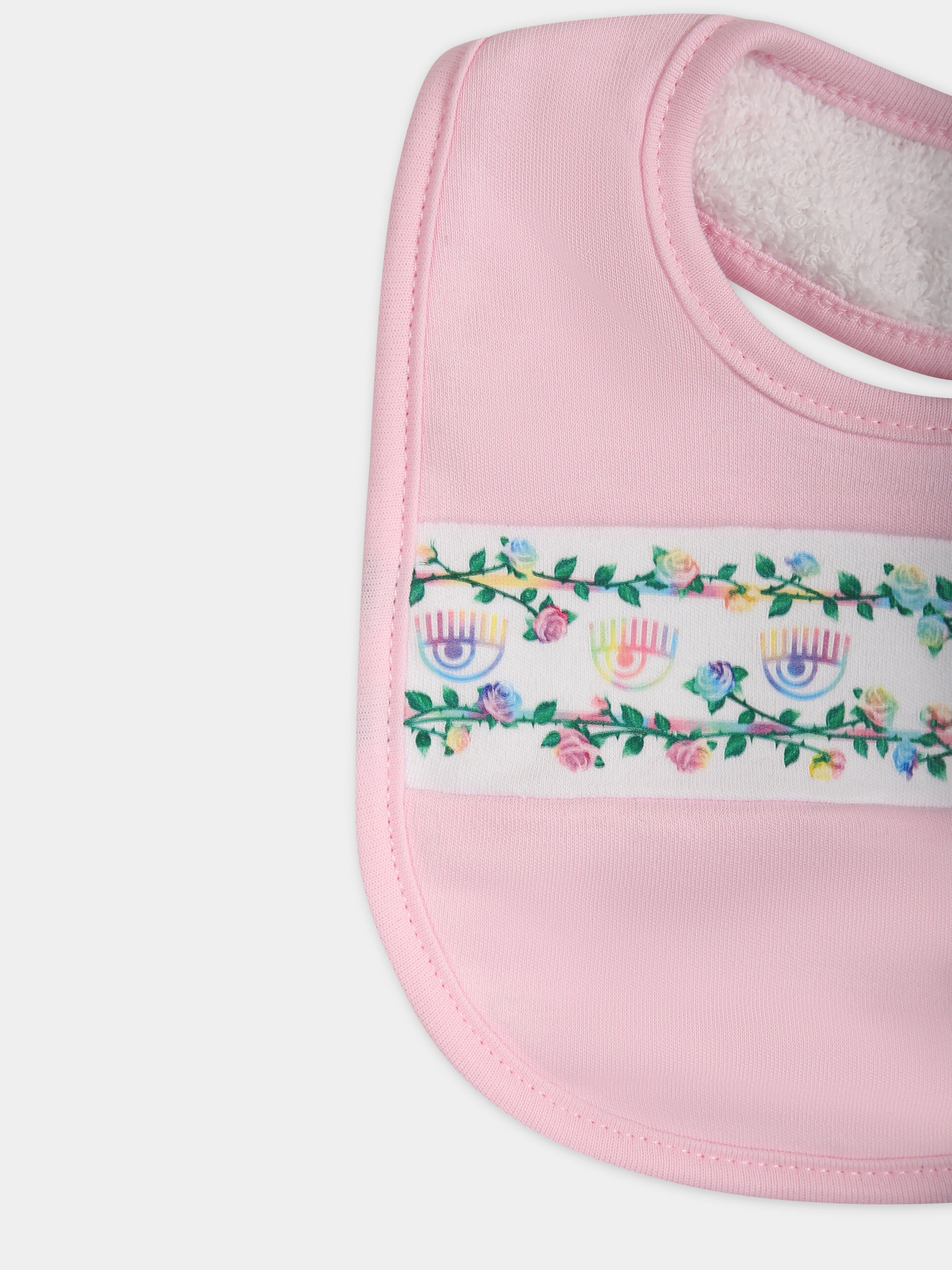 Bavaglino rosa per neonata con eyes flirting e rose multicolor,Chiara Ferragni Collection,55C000 3000 090F