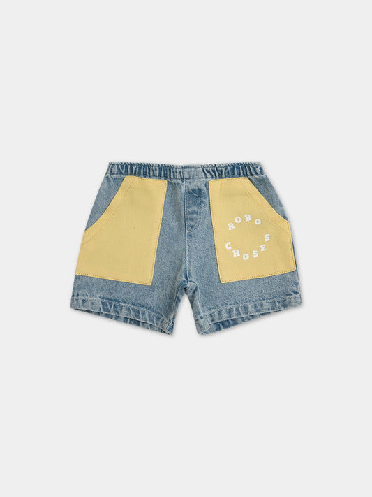 Shorts in denim per neonato con tasche gialle e logo,Bobo Choses,124AB081