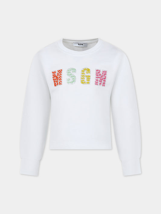 Felpa bianca per bambina con strass e pietre multicolor,Msgm Kids,S4MSJGSW175 001