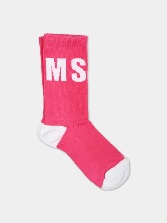 Calze fucsia per bambina con logo,Msgm Kids,S4MSJUSO041 044