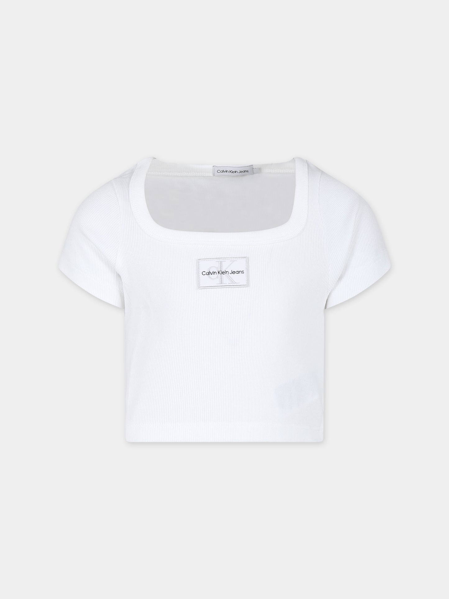 T-shirt crop bianca per bambina con logo,Calvin Klein Kids,24SMCKIG0IG02439J YAF