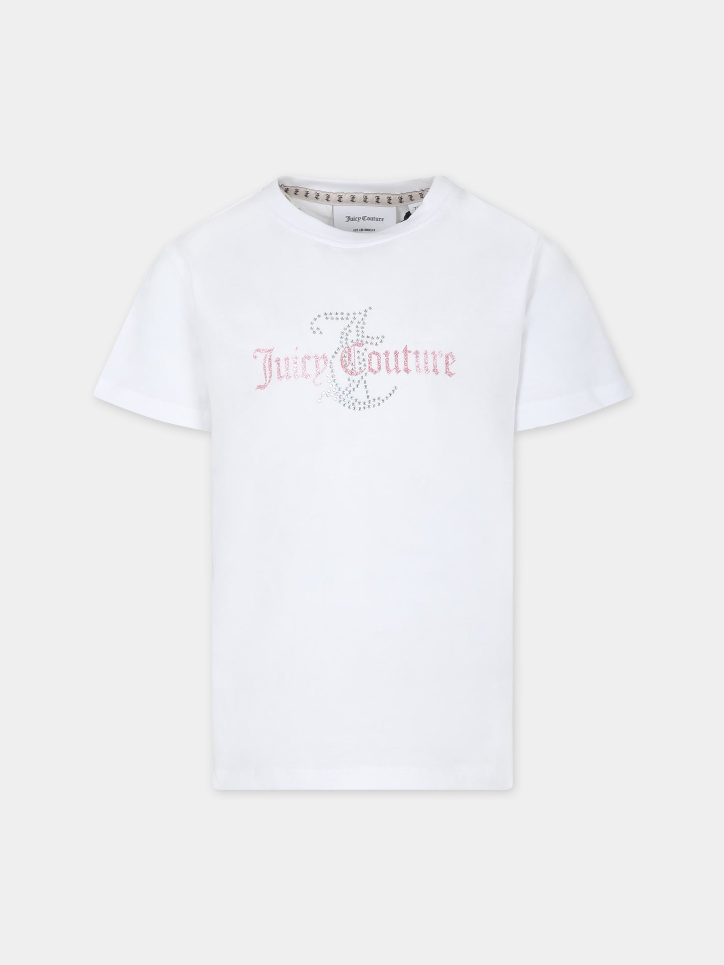 T-shirt bianca per bambina con logo e strass,Juicy Couture,24SMJCJBX6362 002