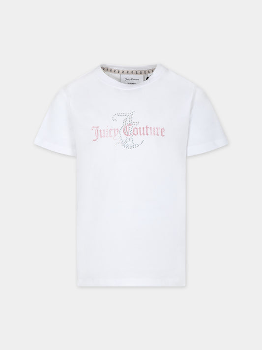T-shirt bianca per bambina con logo e strass,Juicy Couture,24SMJCJBX6362 002