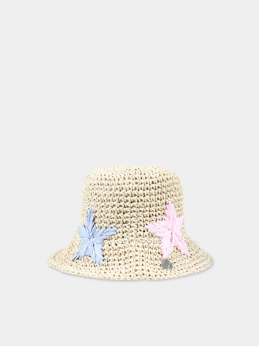 Cappello di paglia beige per bambina con stelle marine,Monnalisa,19C065 3097 0003