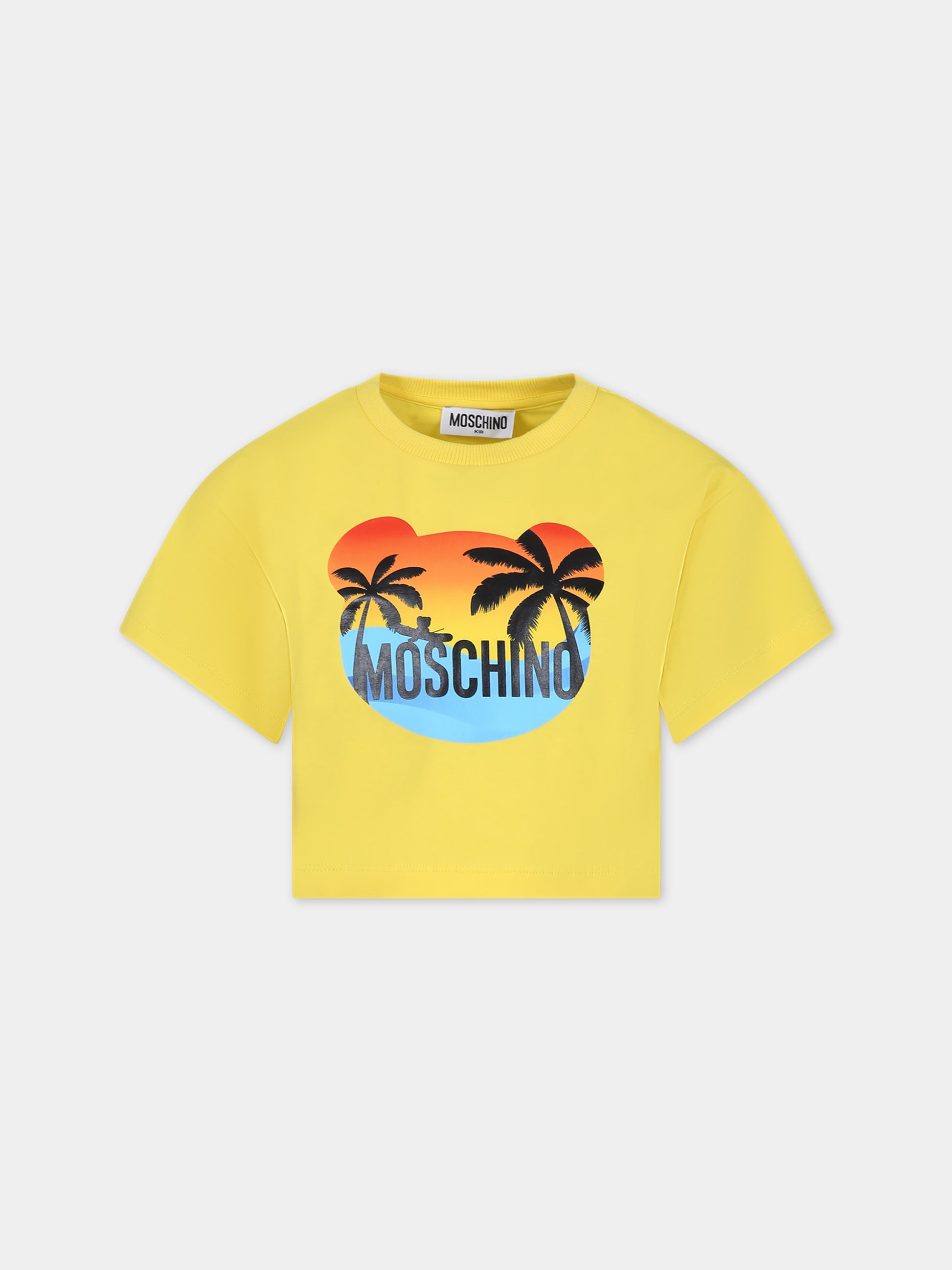 T-shirt gialla per bambina con stampa multicolor e logo,Moschino Kids,HDM06E LBA10 50162