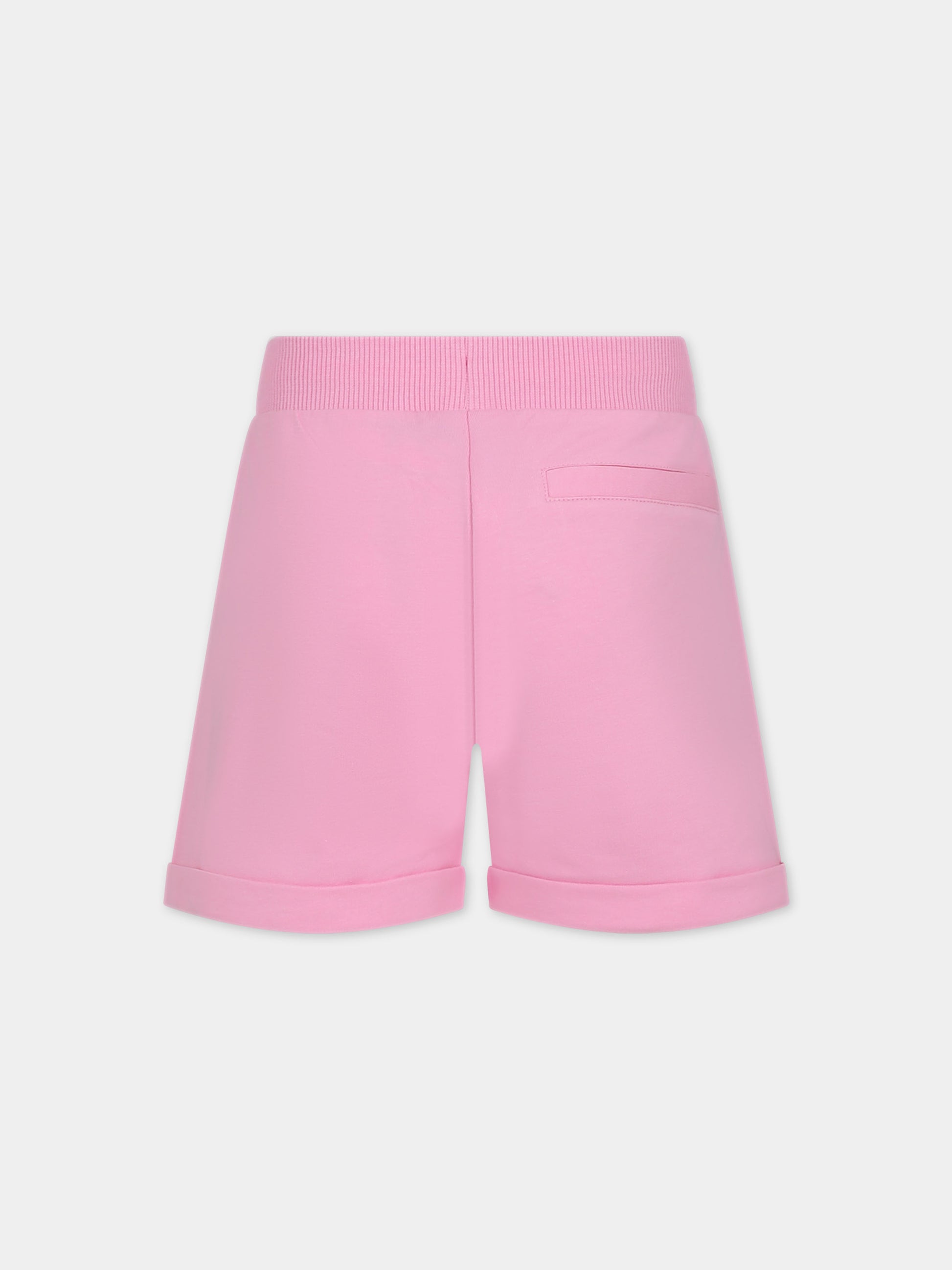 Shorts rosa per bambina con stampa multicolor e logo,Moschino Kids,HDQ01H LDA13 50206