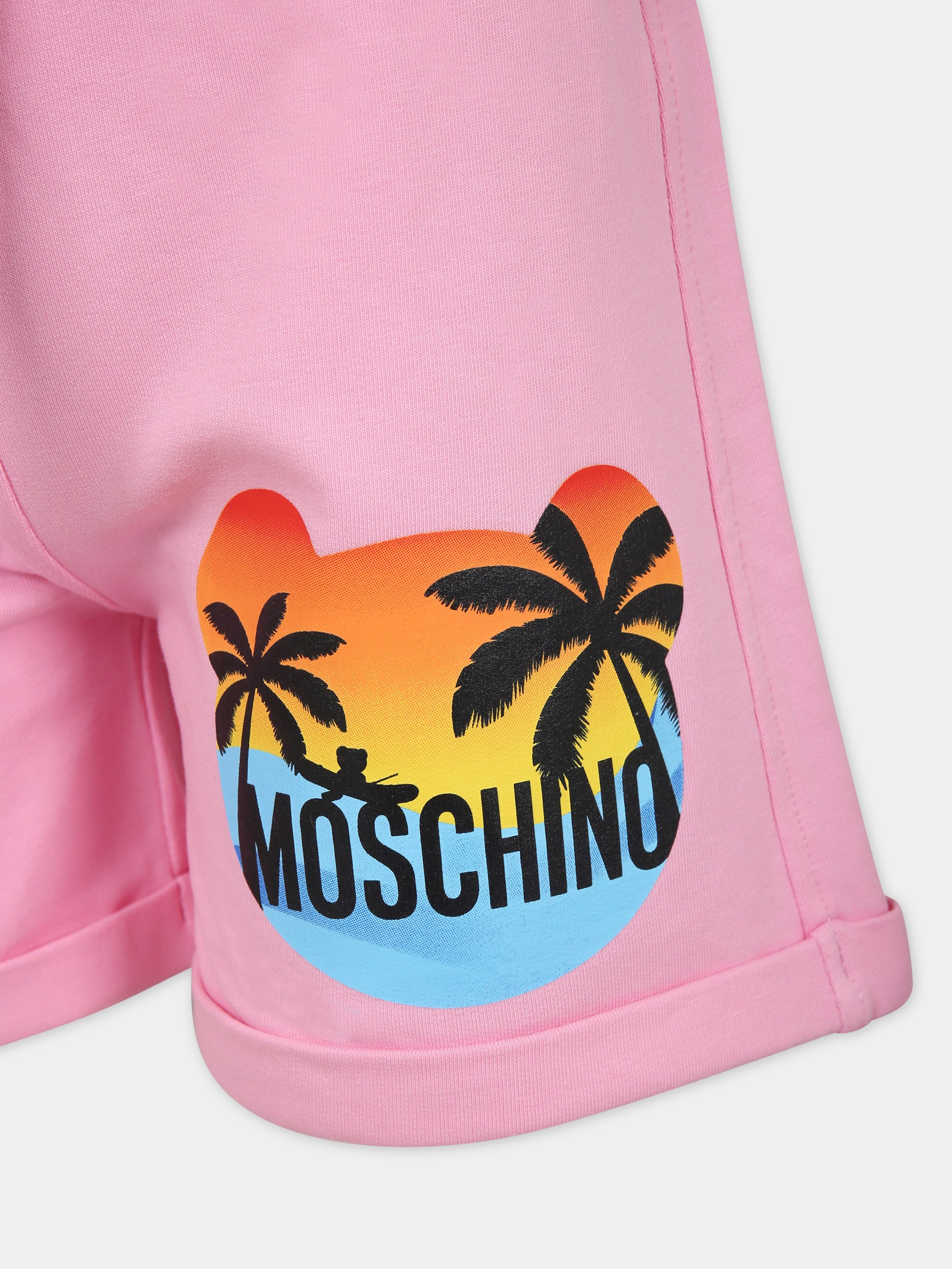 Shorts rosa per bambina con stampa multicolor e logo,Moschino Kids,HDQ01H LDA13 50206