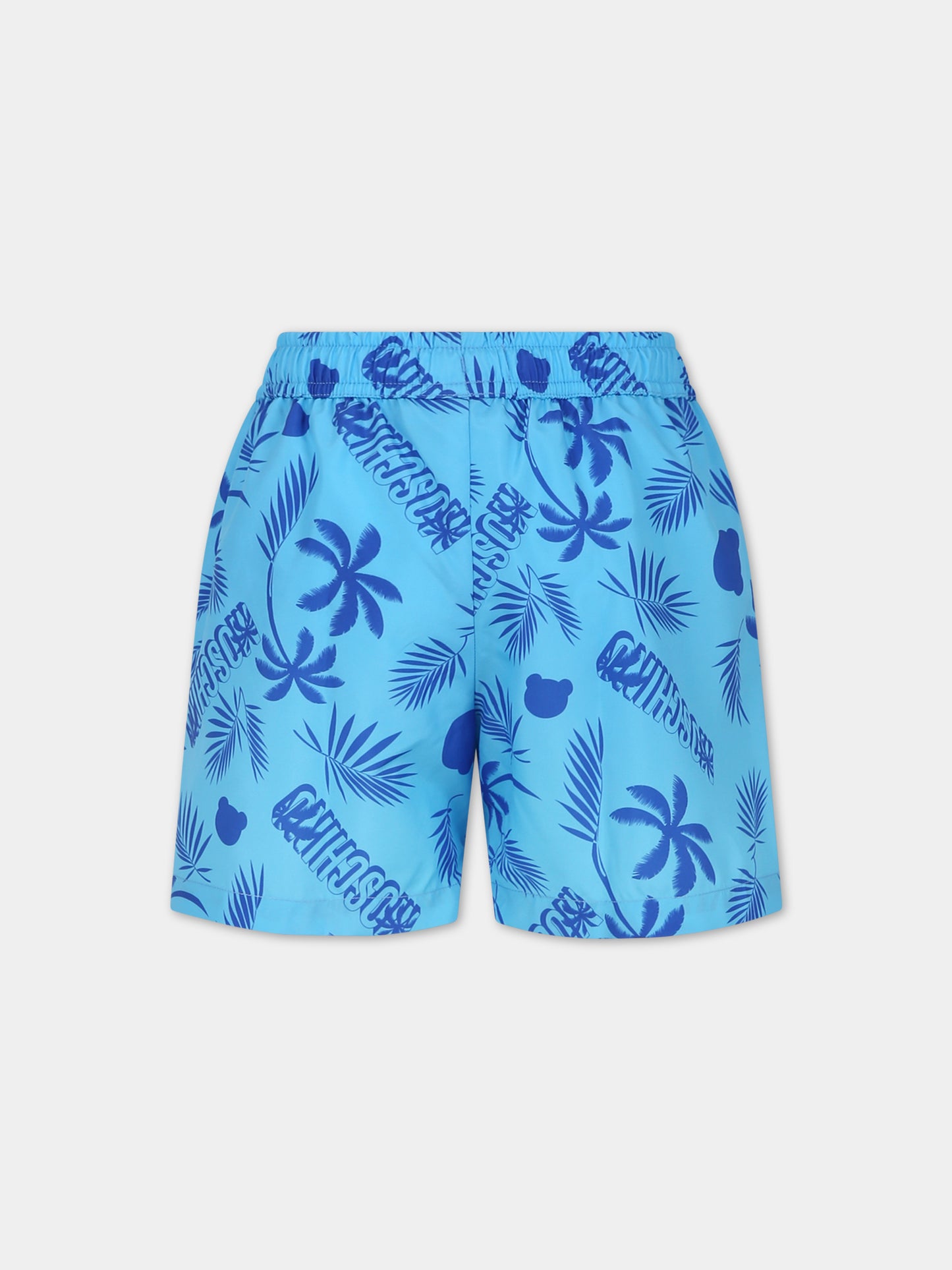 Boxer mare azzurro per bambino con fantasia tropicale e logo all-over,Moschino Kids,HUL01G LKA02 85838