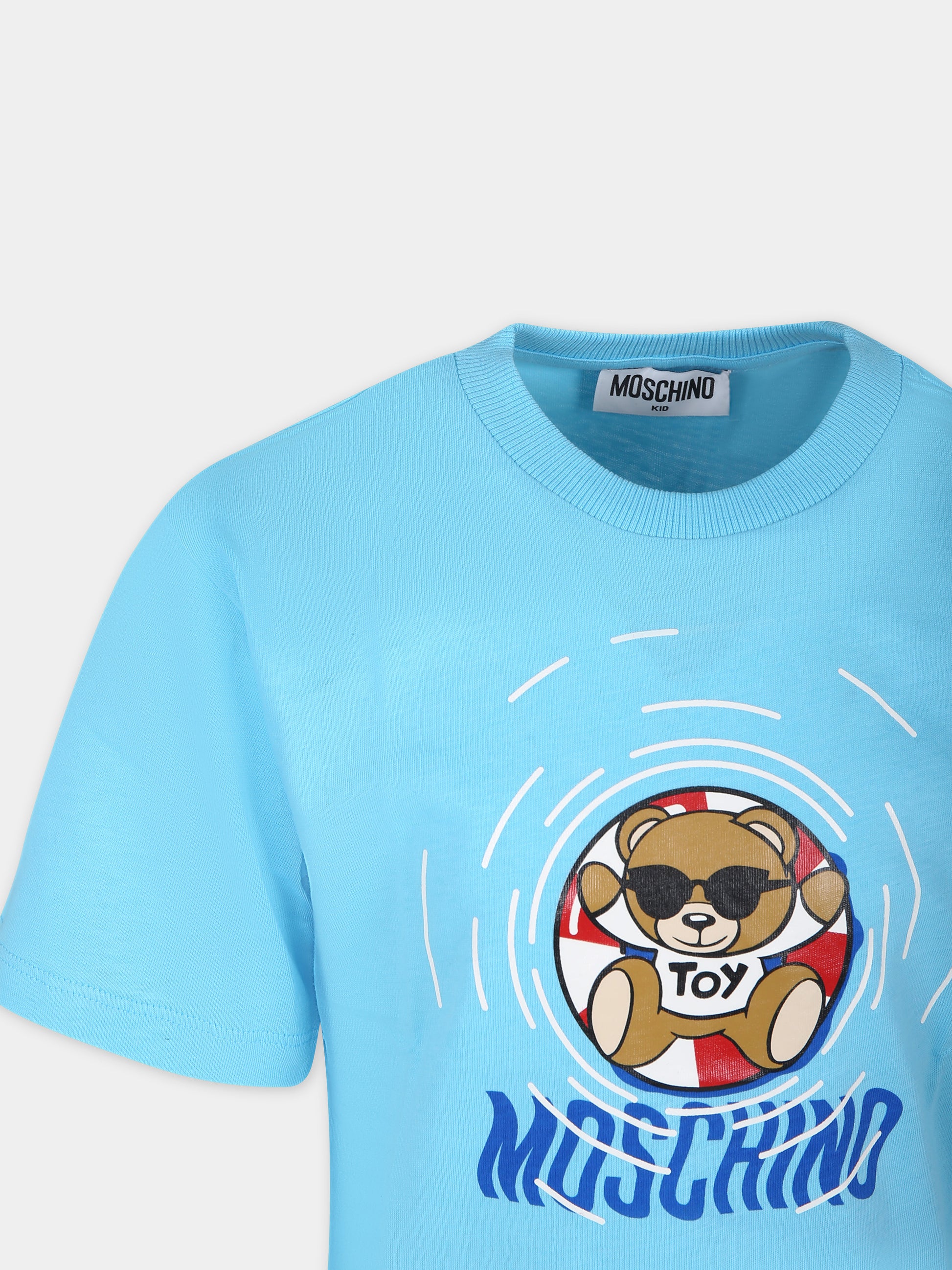 T-shirt azzurra per bambino con stampa multicolor e Teddy Bear,Moschino Kids,HUM04R LAA23 40538