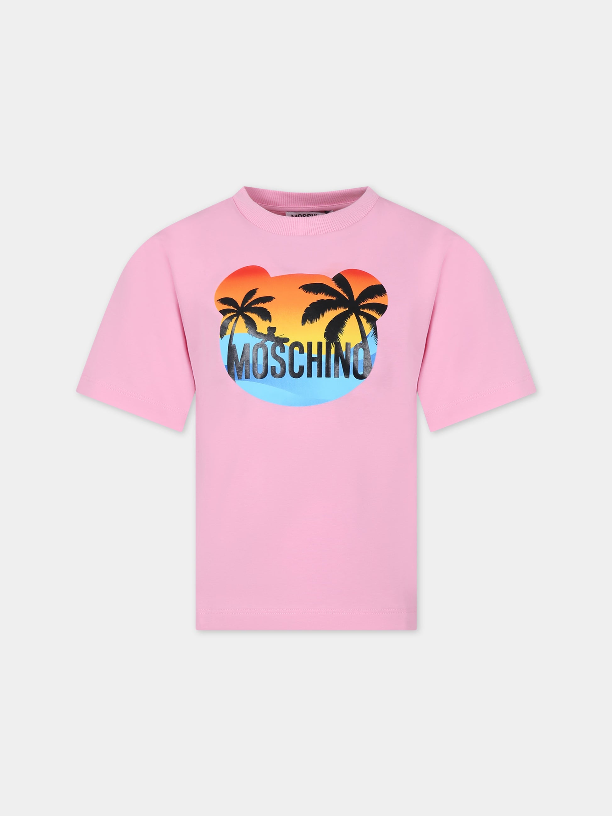 T-shirt rosa per bambini con stampa multicolor e logo,Moschino Kids,HUM04S LBA10 50206