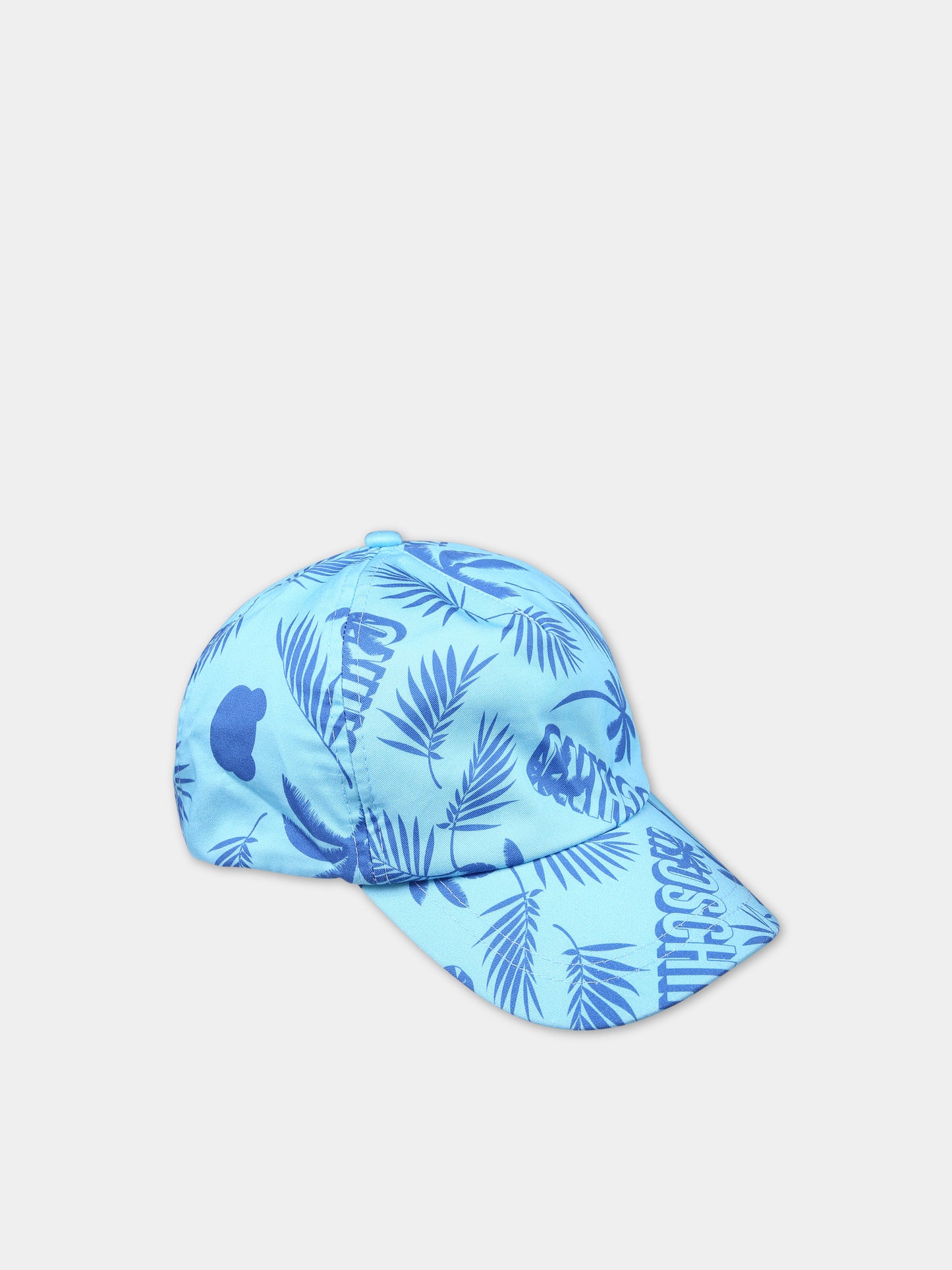 Cappello con visiera azzurro per bambino con fantasia tropicale e logo,Moschino Kids,HUX02D LOB18 85838