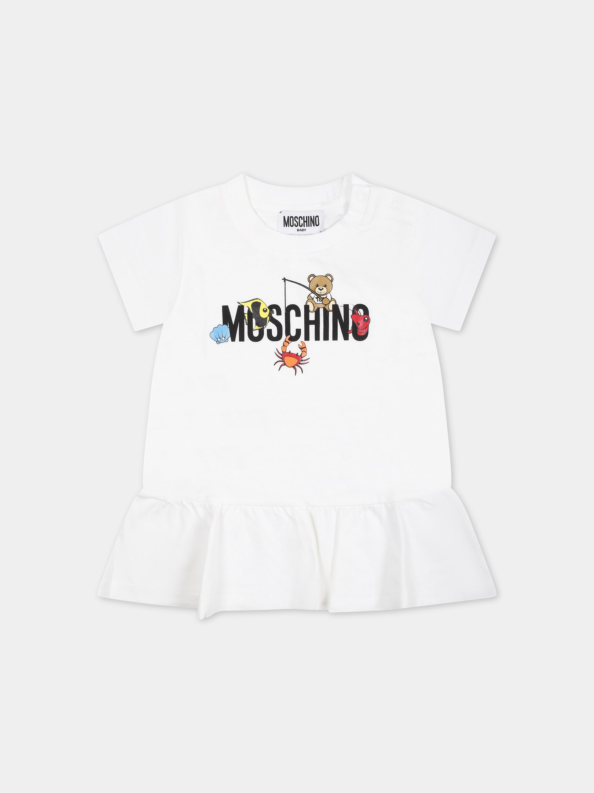 Vestito bianco per neonata con logo e animaletti,Moschino Kids,MDV0BF LAA02 10101