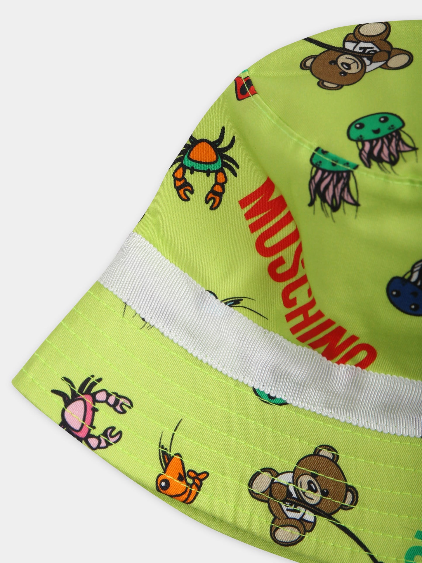 Cloche verde per neonato con fantasia animaletti e logo multicolor all-over,Moschino Kids,MUX04Q LOB17 85840