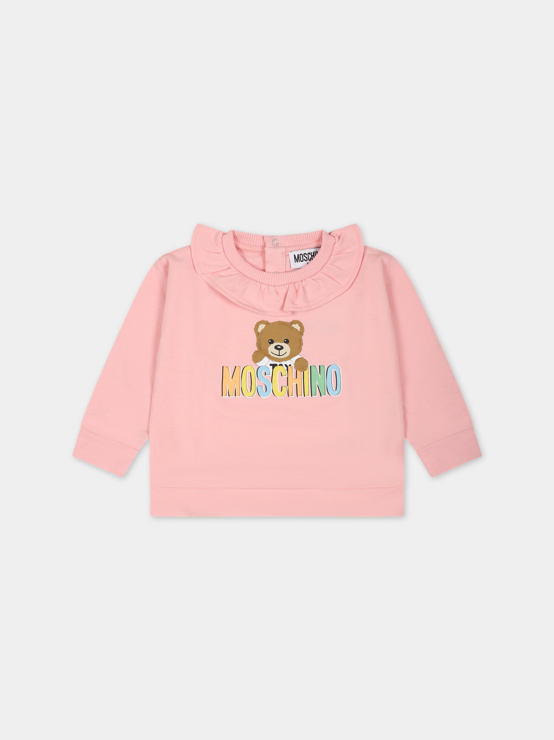 Felpa rosa per neonata con Teddy Bear e logo,Moschino Kids,MAF02A LDA00 50209