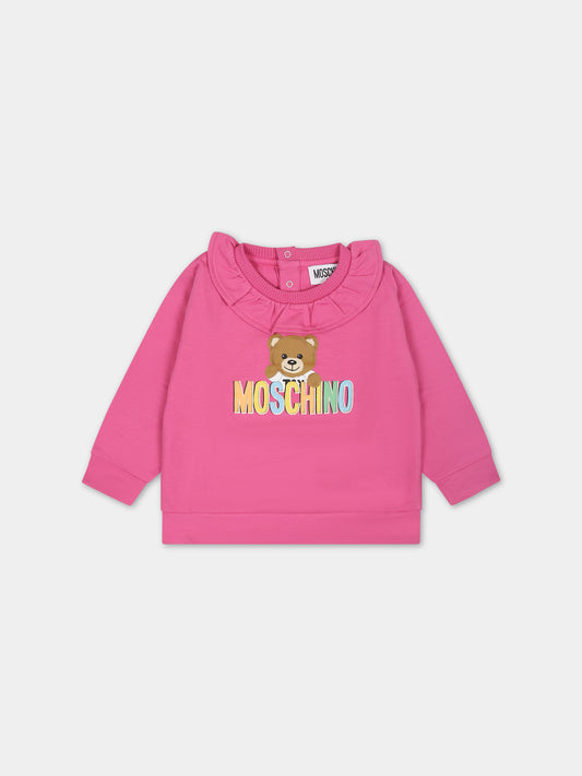 Felpa fucsia per neonata con Teddy Bear e logo,Moschino Kids,MAF02A LDA00 50879