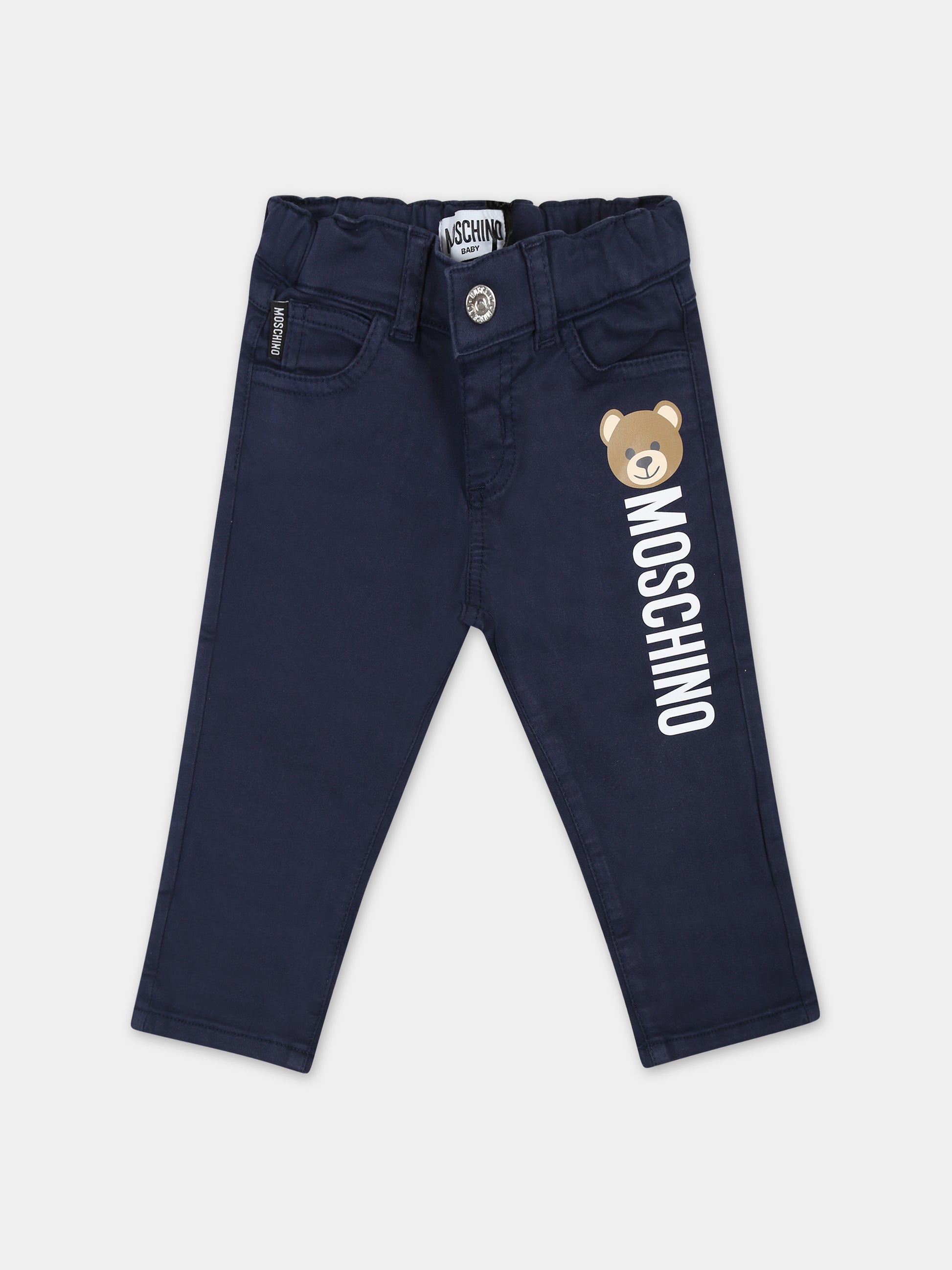 Jeans blu per neonato con Teddy Bear e logo,Moschino Kids,MRP02M LRC01 40016