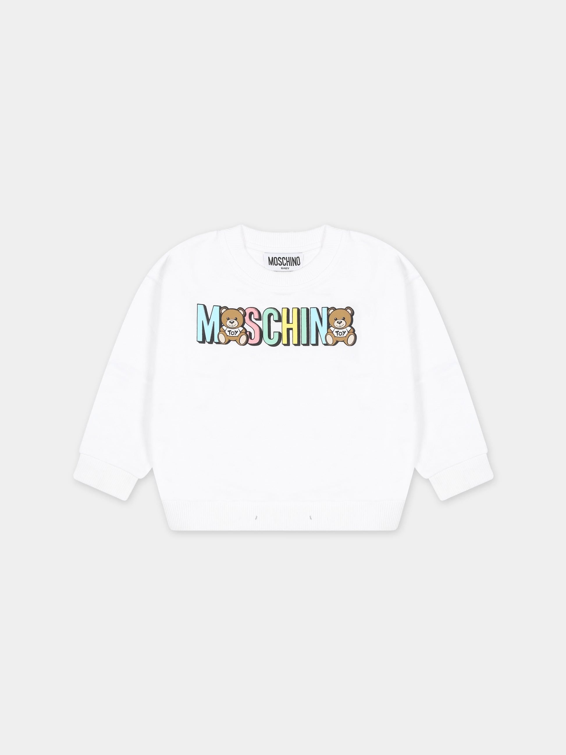 Felpa bianca per neonati con Teddy Bears e logo,Moschino Kids,MTF03N LCA51 10101