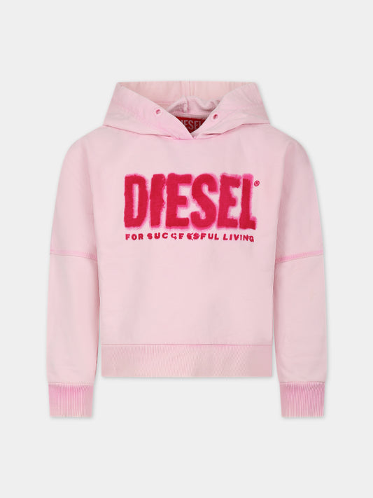 Felpa rosa per bambina con cappuccio e stampa logo,Diesel,J01186 KYAU8 K39G