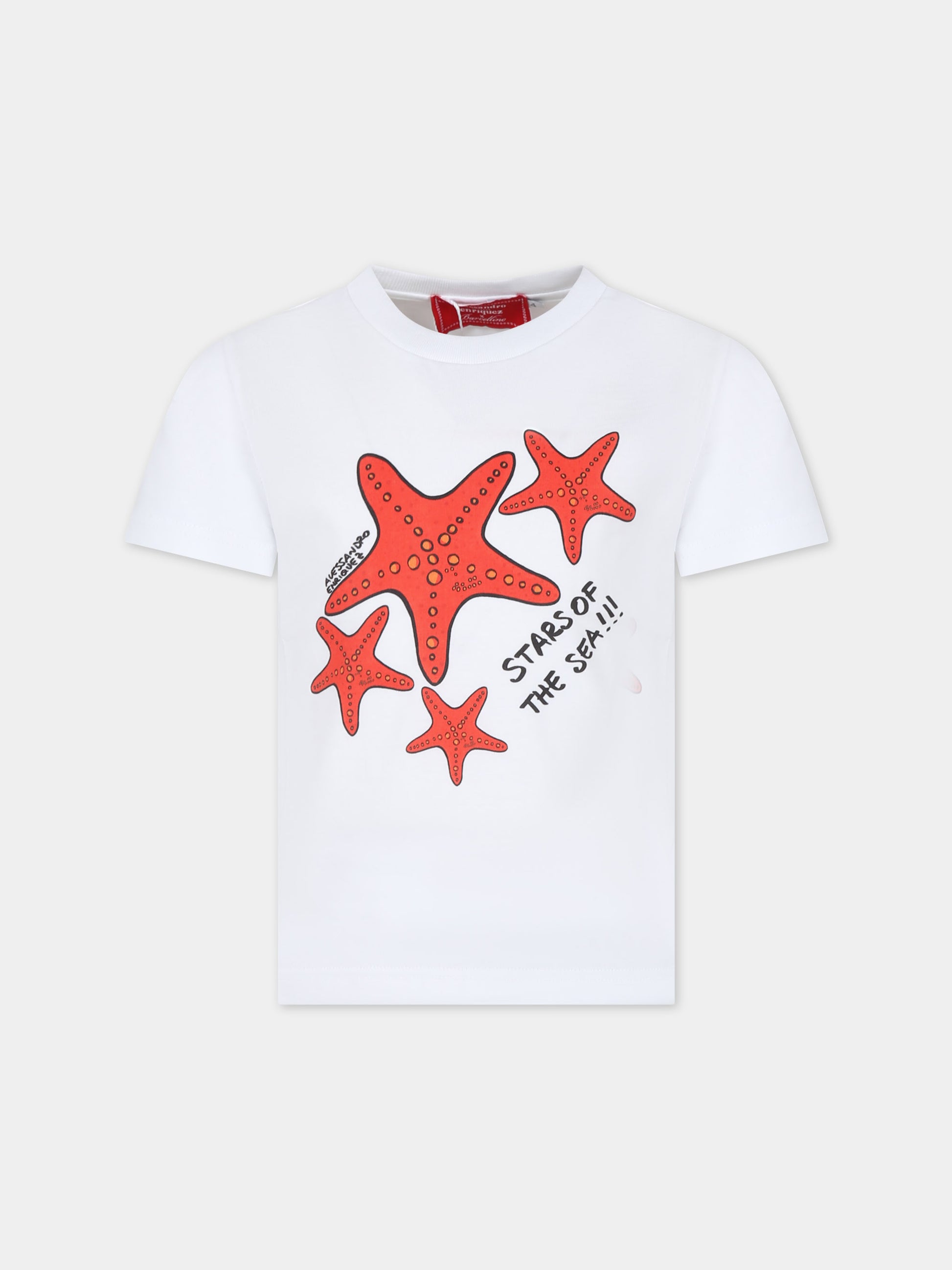 T-shirt bianca per bambina con stampa stelle marine,Alessandro Enriquez X Barcellino,112705