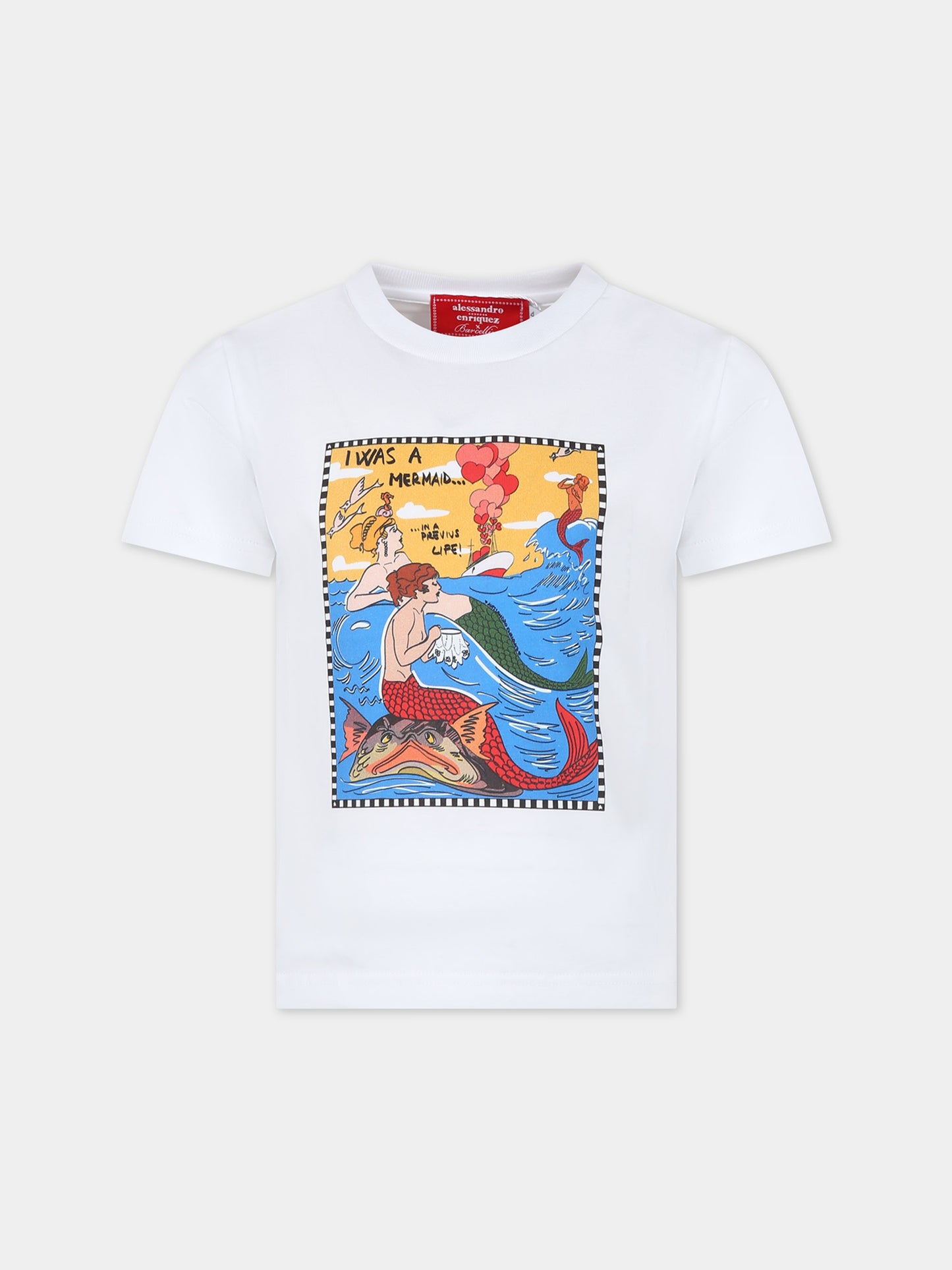T-shirt bianca per bambina con stampa sirene e scritta,Alessandro Enriquez X Barcellino,112708