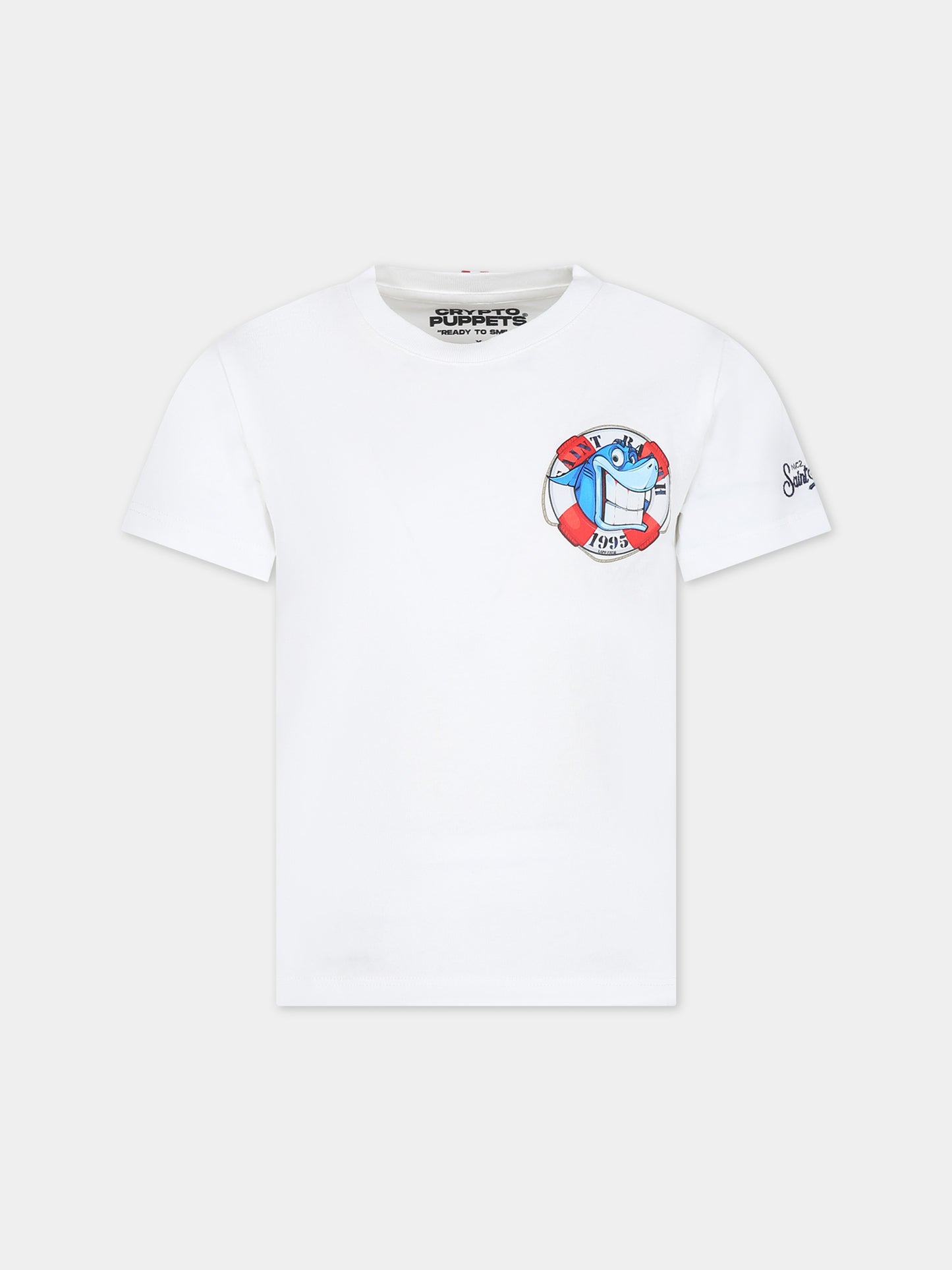 T-shirt bianca per bambino con squalo e logo,Mc2 Saint Barth,TSH0001 03060F