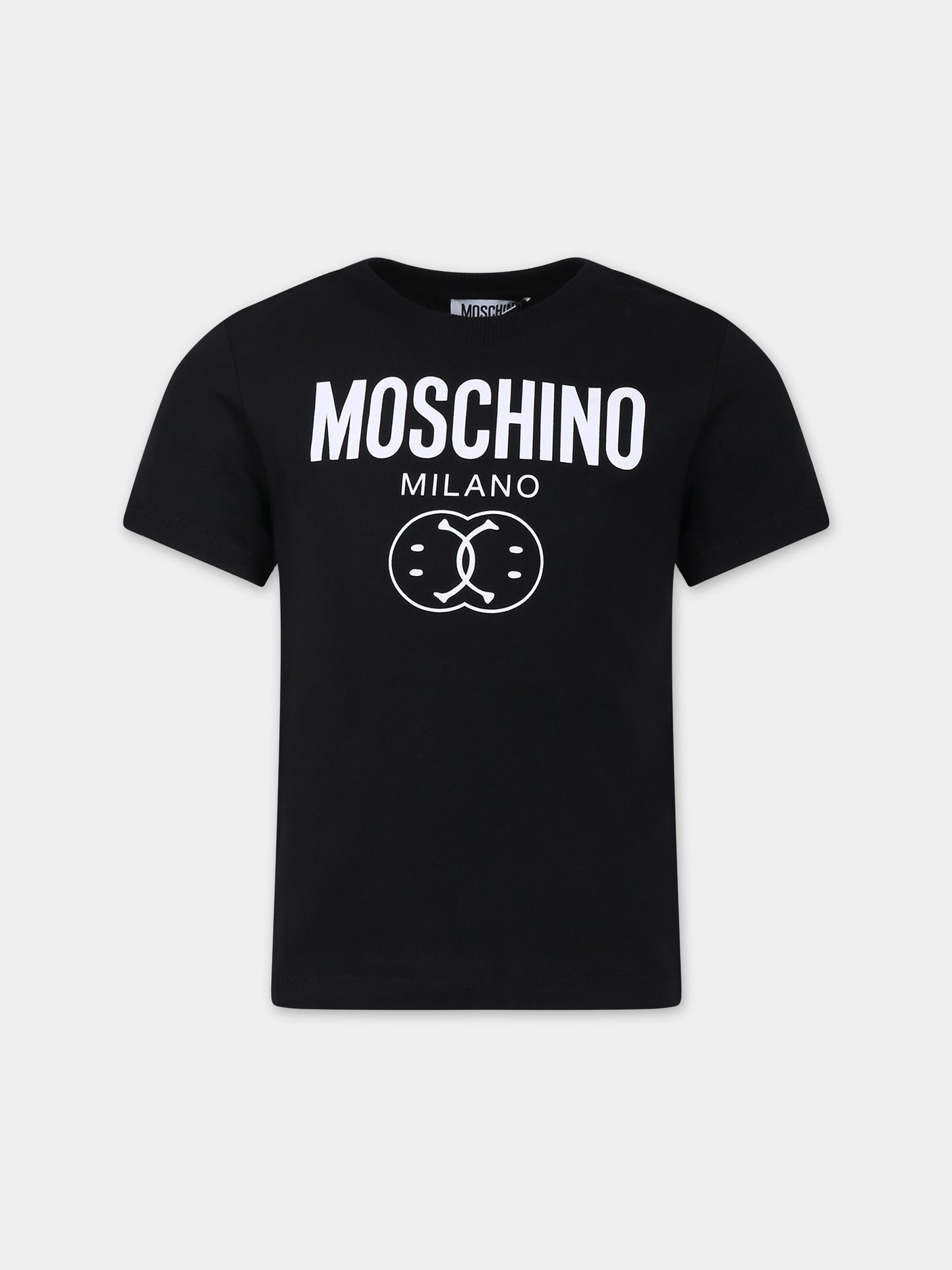 T-shirt nera per bambino con logo e smile,Moschino Kids,HRM03L LAA23 60100