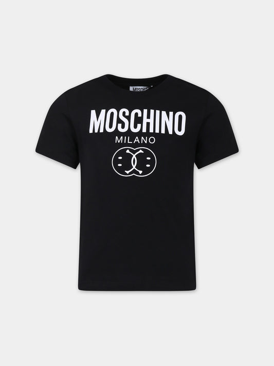 T-shirt nera per bambino con logo e smile,Moschino Kids,HRM03L LAA23 60100